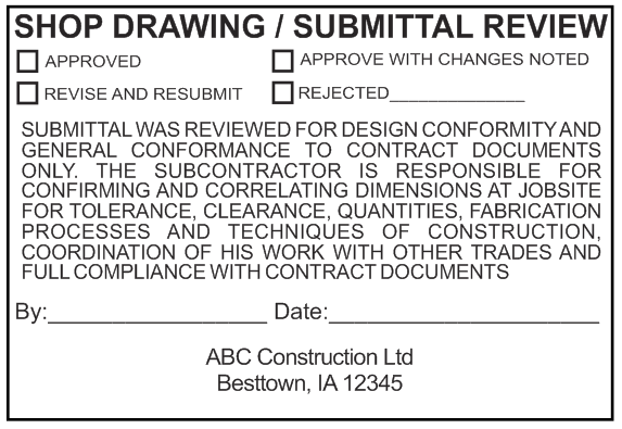 Shop Drawing Submittal Review Stamp Option 3 Shop Drawing Submittal Review  Stamp (Subcontractor) - $60.00